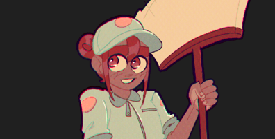 An illustration of a character in a Janitors uniform. They have long red hair in a bun, and are holding a large broom.